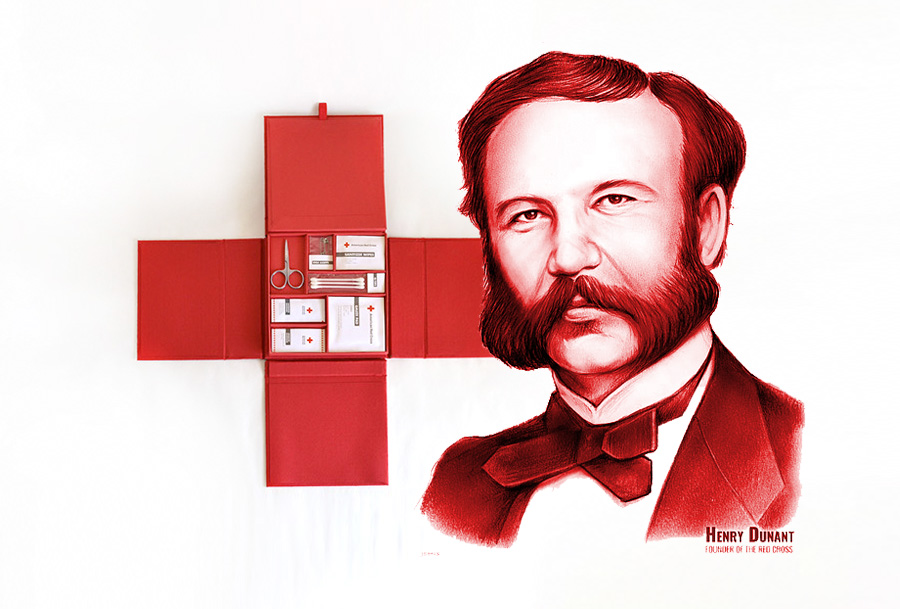 A drawing of Henry Dunant with an early symbol of the Red Cross, for which he is the co-founder.